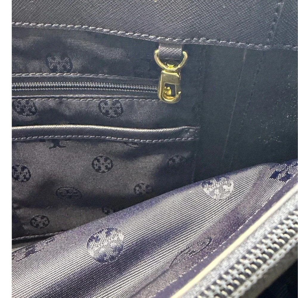 Tory Burch‎ Emerson Small Buckle Tote Navy Blue Saffiano Leather Handbag